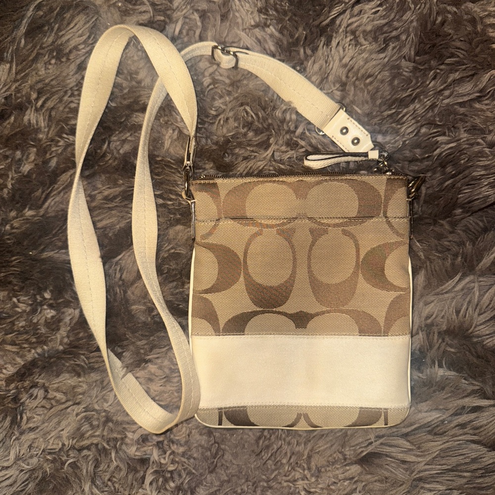 Coach Tan and Cream Crossbody Bag with Signature Monogram